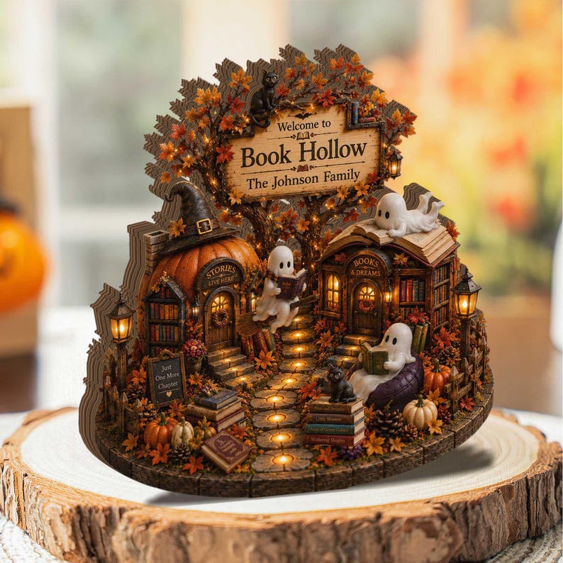 Custom Ghost Reading Bookshop Fall Decor, Cozy Autumn Miniature Bookstore 2D Block