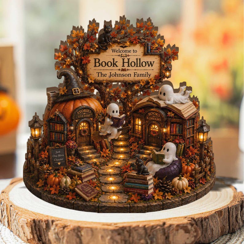 Custom Ghost Reading Bookshop Fall Decor, Cozy Autumn Miniature Bookstore 2D Block