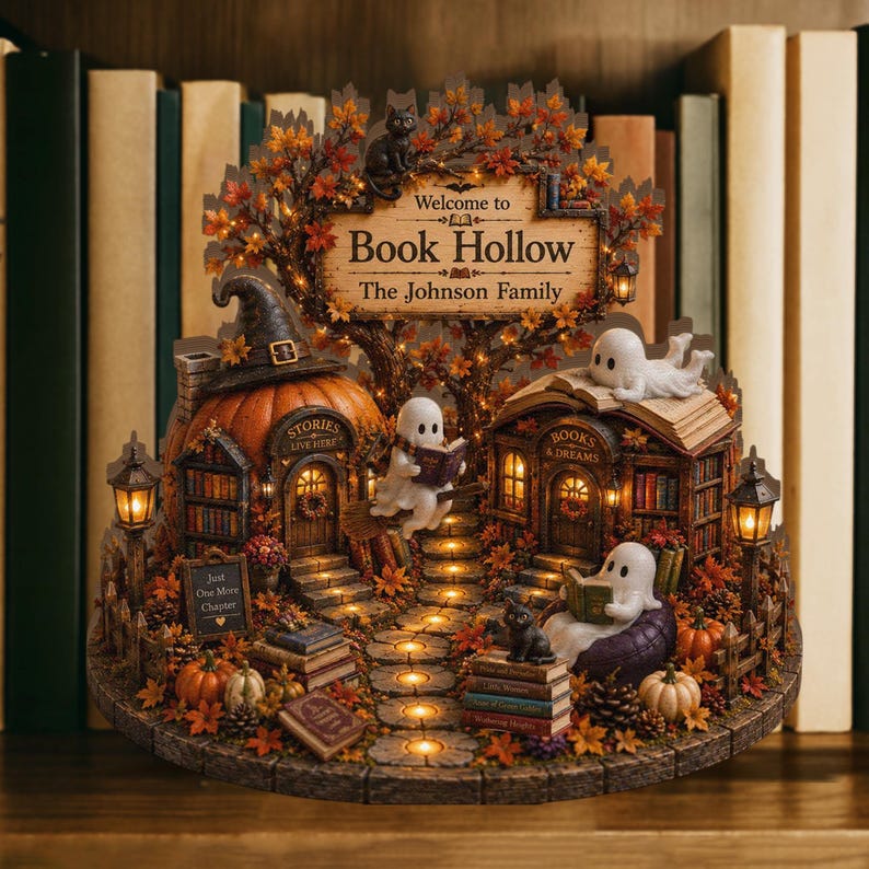 Custom Ghost Reading Bookshop Fall Decor, Cozy Autumn Miniature Bookstore 2D Block