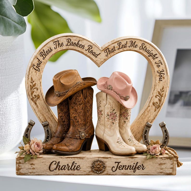 Personalized Cowboy Cowgirl Couple 2D Flat Wooden Block, Custom Western Love Sign, Cowboy Boots & Hats Anniversary Gift