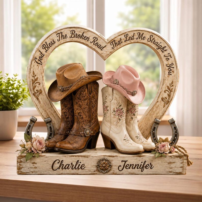 Personalized Cowboy Cowgirl Couple 2D Flat Wooden Block, Custom Western Love Sign, Cowboy Boots & Hats Anniversary Gift