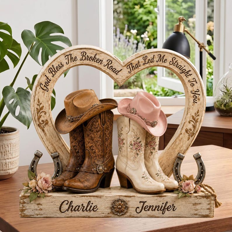 Personalized Cowboy Cowgirl Couple 2D Flat Wooden Block, Custom Western Love Sign, Cowboy Boots & Hats Anniversary Gift
