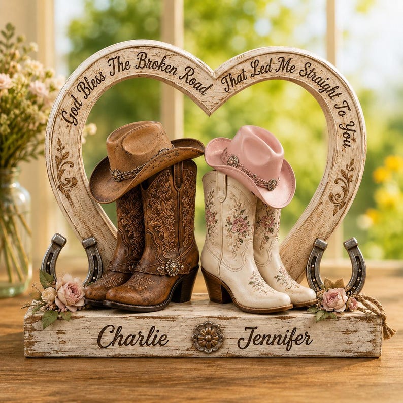 Personalized Cowboy Cowgirl Couple 2D Flat Wooden Block, Custom Western Love Sign, Cowboy Boots & Hats Anniversary Gift