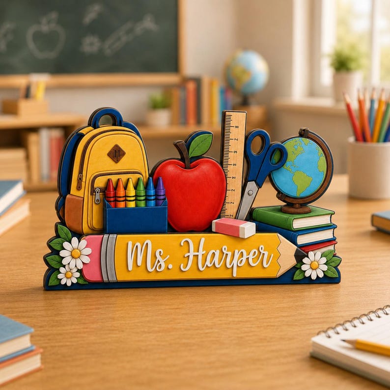 Personalized Teacher Desk Wooden Block, Custom Pencil Desk Sign, Back to School Gift