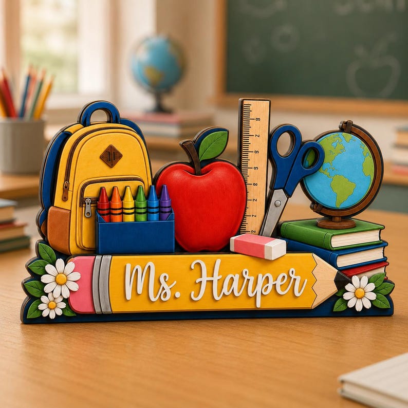Personalized Teacher Desk Wooden Block, Custom Pencil Desk Sign, Back to School Gift