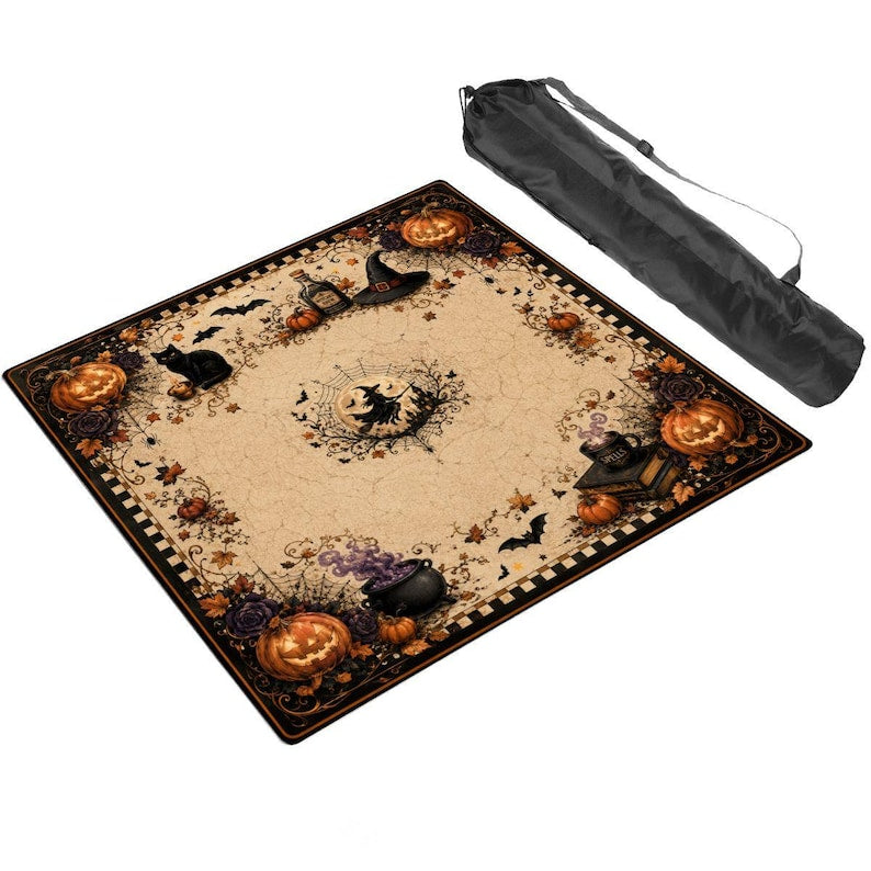 Halloween Mahjong Mat, Witch & Black Cat Mahjong Mat, Spooky Pumpkin Mahjong Table Mat, Gothic Halloween Decor