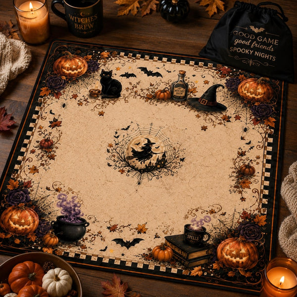 Halloween Mahjong Mat, Witch & Black Cat Mahjong Mat, Spooky Pumpkin Mahjong Table Mat, Gothic Halloween Decor