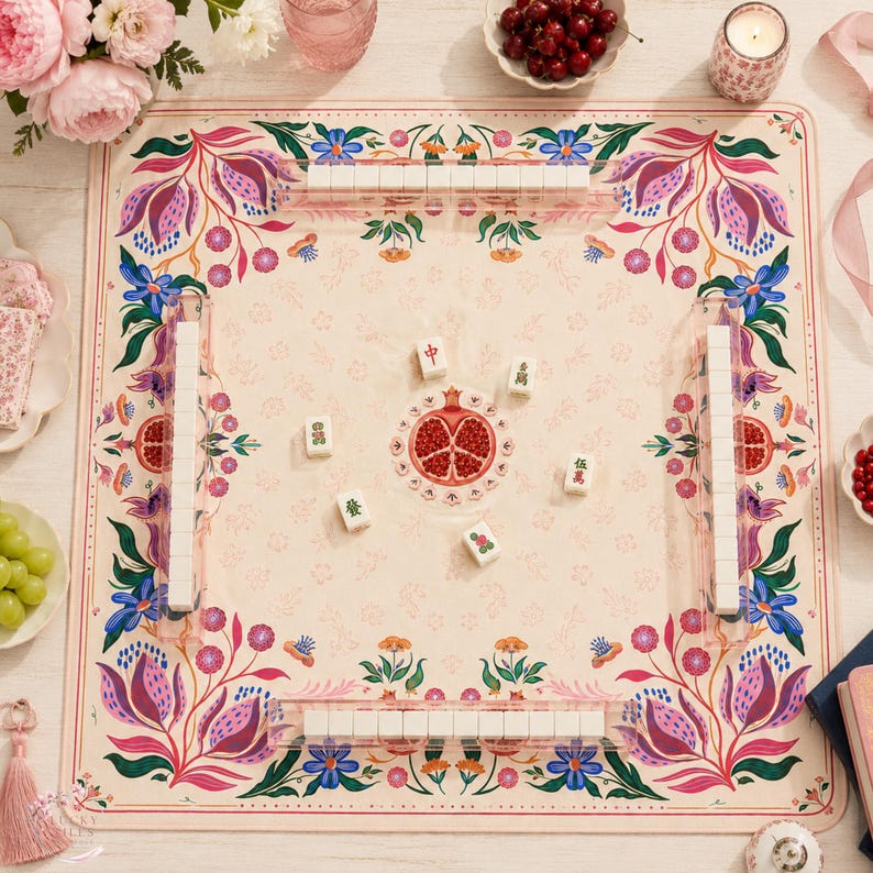 Pomegranate Folk Art Mahjong Mat, American Mahjong Mat, Pomegranate Floral Border, Botanical Mahjong Gift