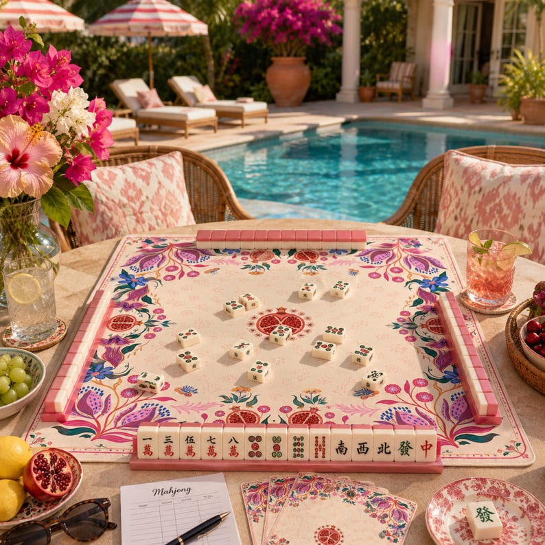Pomegranate Folk Art Mahjong Mat, American Mahjong Mat, Pomegranate Floral Border, Botanical Mahjong Gift
