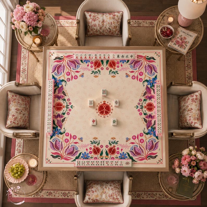 Pomegranate Folk Art Mahjong Mat, American Mahjong Mat, Pomegranate Floral Border, Botanical Mahjong Gift
