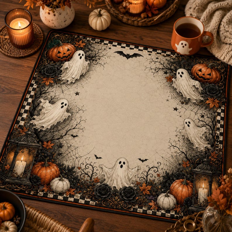 Ghost Halloween Mahjong Mat, Cute Ghost Mahjong Table Mat, Spooky Pumpkin Mahjong Mat
