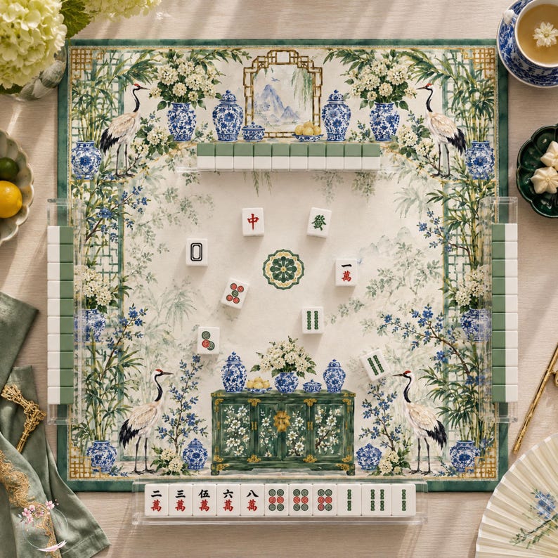 Green Chinoiserie Crane Mahjong Mat, American Mahjong Mat, Bamboo Garden Porcelain, Grandmillennial Mahjong Gift