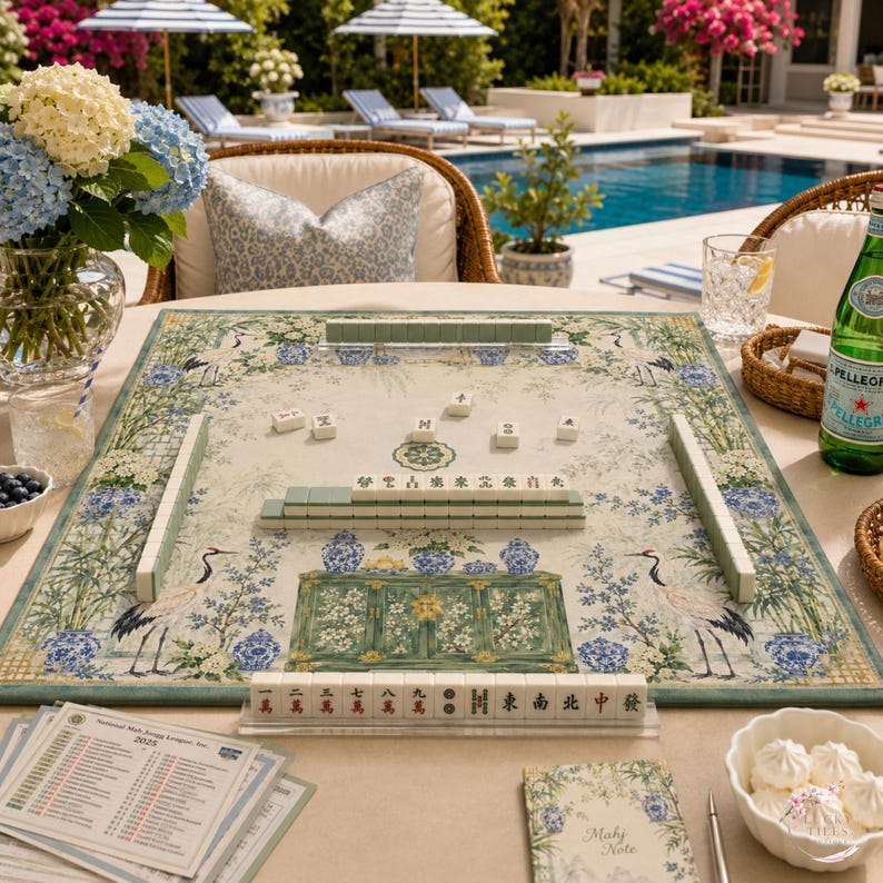 Green Chinoiserie Crane Mahjong Mat, American Mahjong Mat, Bamboo Garden Porcelain, Grandmillennial Mahjong Gift