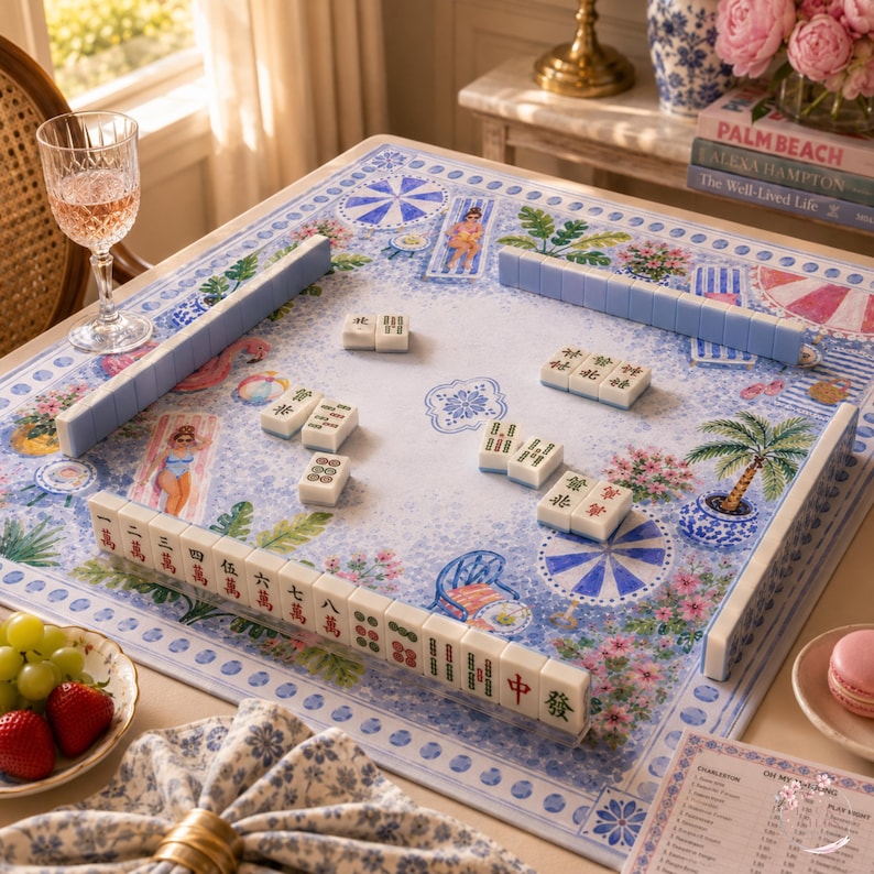 The Blue Palm Beach Poolside Mahjong Mat, American Mahjong Mat, Blue Chinoiserie Resort