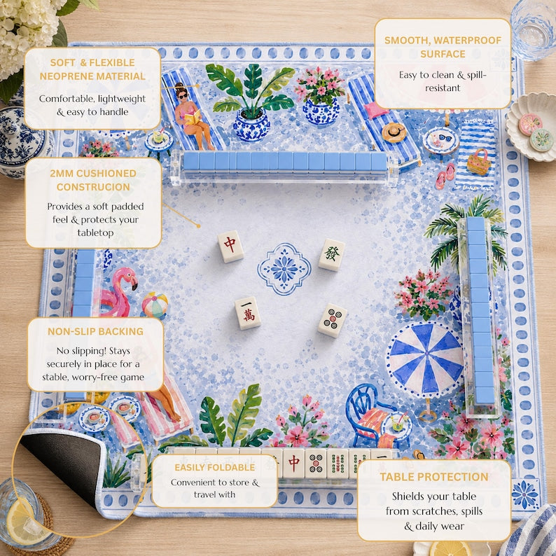 The Blue Palm Beach Poolside Mahjong Mat, American Mahjong Mat, Blue Chinoiserie Resort