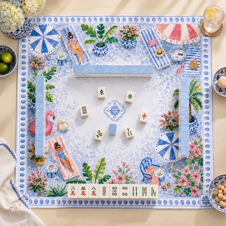 The Blue Palm Beach Poolside Mahjong Mat, American Mahjong Mat, Blue Chinoiserie Resort