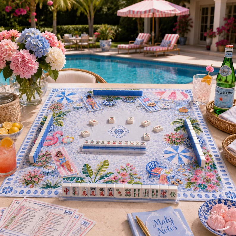 The Blue Palm Beach Poolside Mahjong Mat, American Mahjong Mat, Blue Chinoiserie Resort