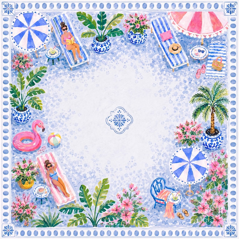 The Blue Palm Beach Poolside Mahjong Mat, American Mahjong Mat, Blue Chinoiserie Resort