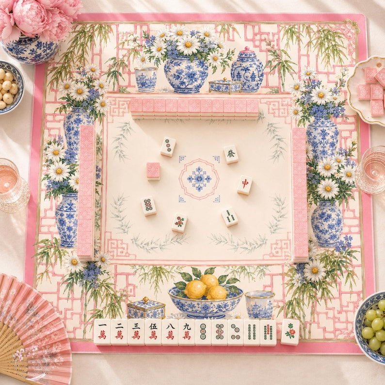 Pink Chinoiserie Daisy Mahjong Mat, American Mahjong Mat, Blue White Porcelain Bamboo Garden, Grandmillennial Mahjong Gift