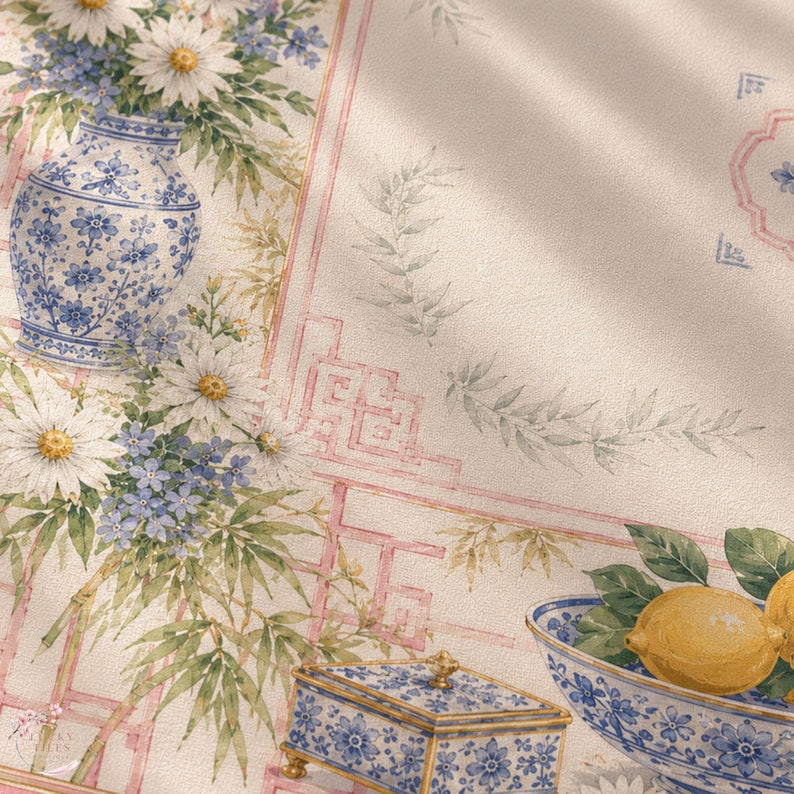 Pink Chinoiserie Daisy Mahjong Mat, American Mahjong Mat, Blue White Porcelain Bamboo Garden, Grandmillennial Mahjong Gift