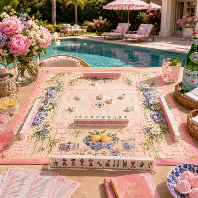 Pink Chinoiserie Daisy Mahjong Mat, American Mahjong Mat, Blue White Porcelain Bamboo Garden, Grandmillennial Mahjong Gift