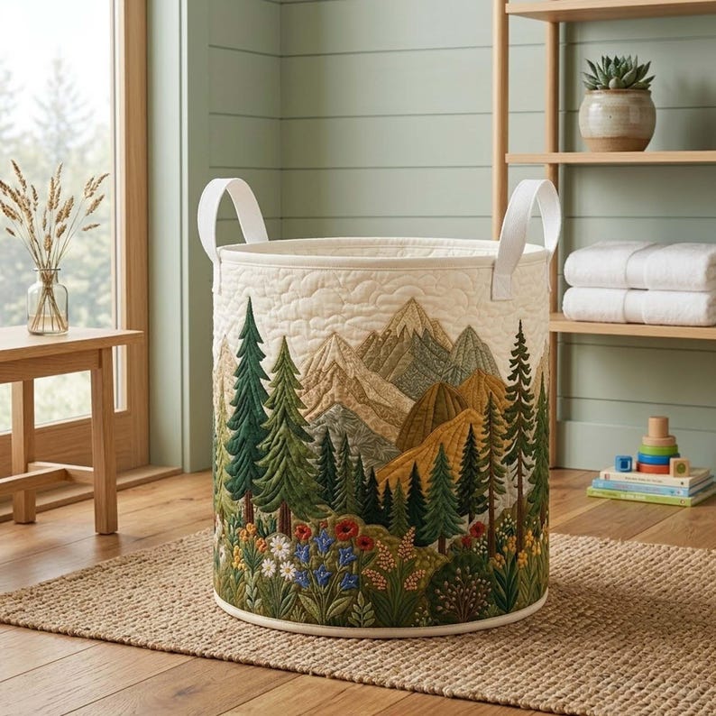 Woodland Forest Quilted Laundry Basket, Nature Landscape Hamper, Forest Theme Gift