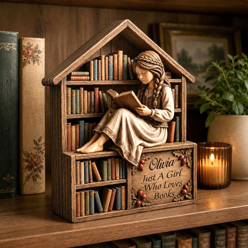 Personalized Girl Who Loves Books Wooden Figurine Decor, Just a Girl Who Loves Books Hanging Shelf Statue