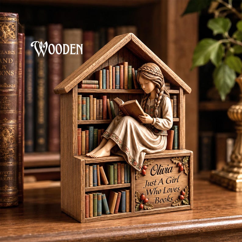 Personalized Girl Who Loves Books Wooden Figurine Decor, Just a Girl Who Loves Books Hanging Shelf Statue
