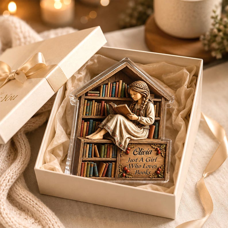 Personalized Girl Who Loves Books Wooden Figurine Decor, Just a Girl Who Loves Books Hanging Shelf Statue