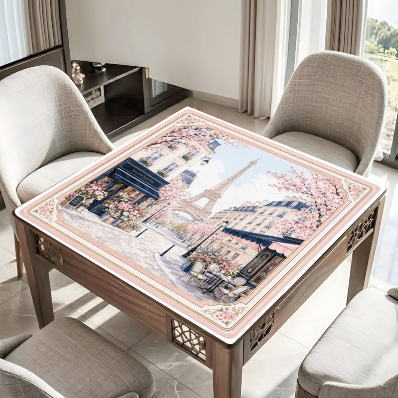 Parisian Mahjong Mat, Eiffel Tower Floral Game Table Accessory, Custom French Design