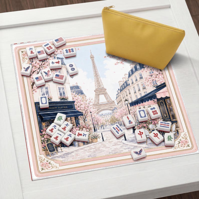 Parisian Mahjong Mat, Eiffel Tower Floral Game Table Accessory, Custom French Design