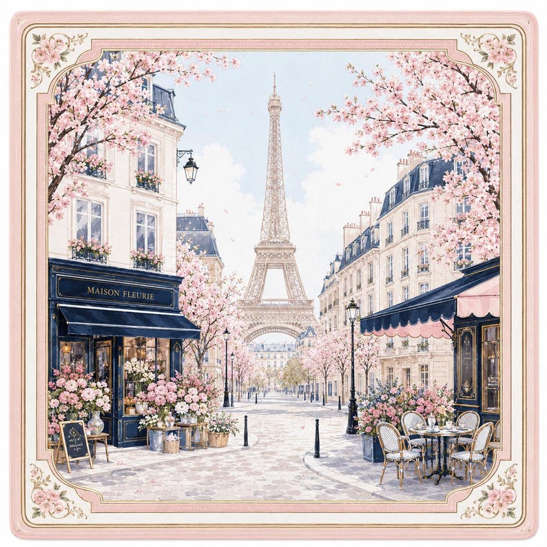 Parisian Mahjong Mat, Eiffel Tower Floral Game Table Accessory, Custom French Design
