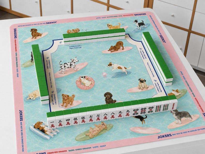 Mahjong Mat Fun Dog Surfing Design, Unique Mahjong Playing Surface, Game Night Accessories