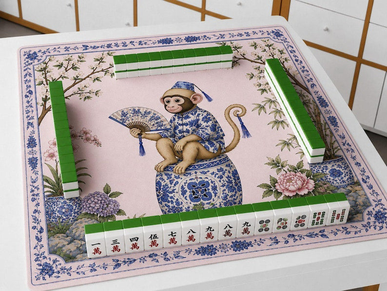 Chinoiserie Monkey With Cherry Blossom Mahjong Mat, Pink Background Floral Playing Mat, Botanical Watercolor Game Table Cover