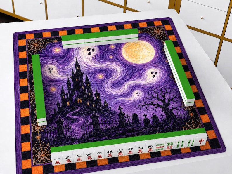 Spooky Halloween Game Mat For Tabletop, Gothic Castle Haunted House Art, Moonlit Cemetery Mahjong Mat