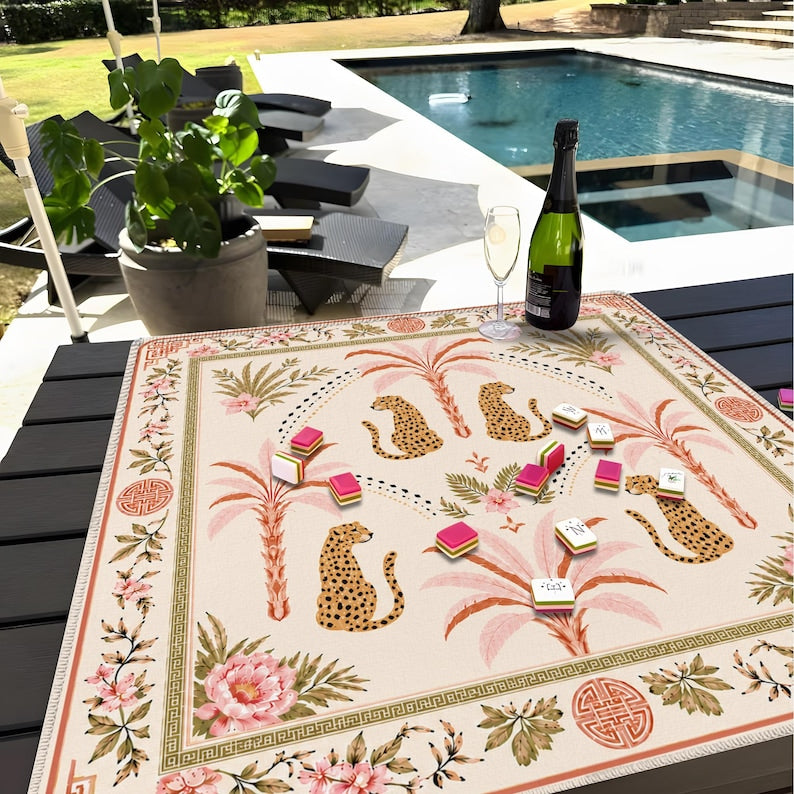 Pink Leopard Mahjong Mat, Palm Beach Chinoiserie Game Table Runner