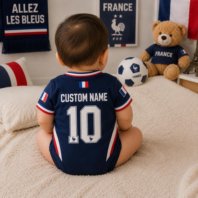 Personalized France Baby Bodysuit, Custom Name Soccer Baby Outfit