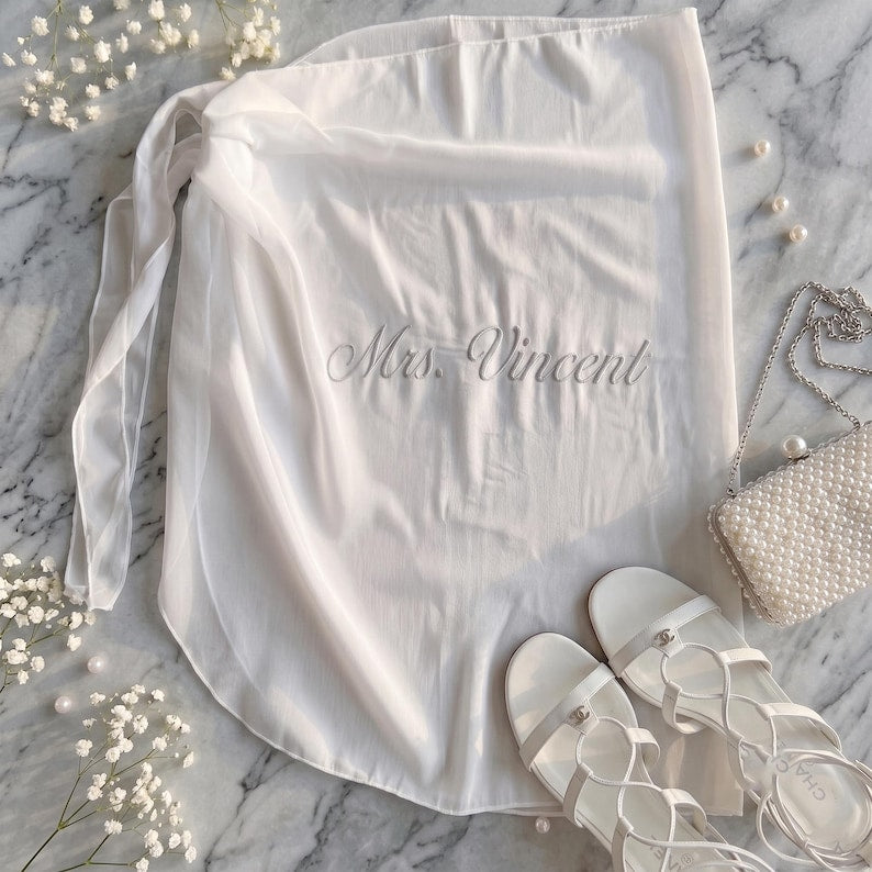 Personalized Embroidered Bride Beach Wrap, Bachelorette Party Swim Coverup, Custom Text Sarong Skirt for Bride