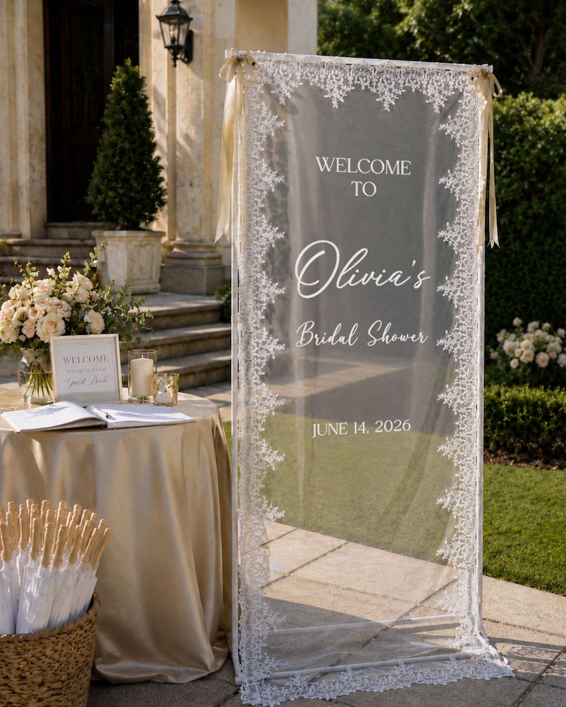 Personalized Lace Bridal Shower Welcome Sign, Custom Sheer Bride Shower Banner, Whimsical Hen Do Decor