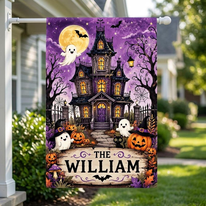 Personalized Halloween Haunted House Garden Flag, Custom Family Name Yard Flag, Halloween Porch Decor