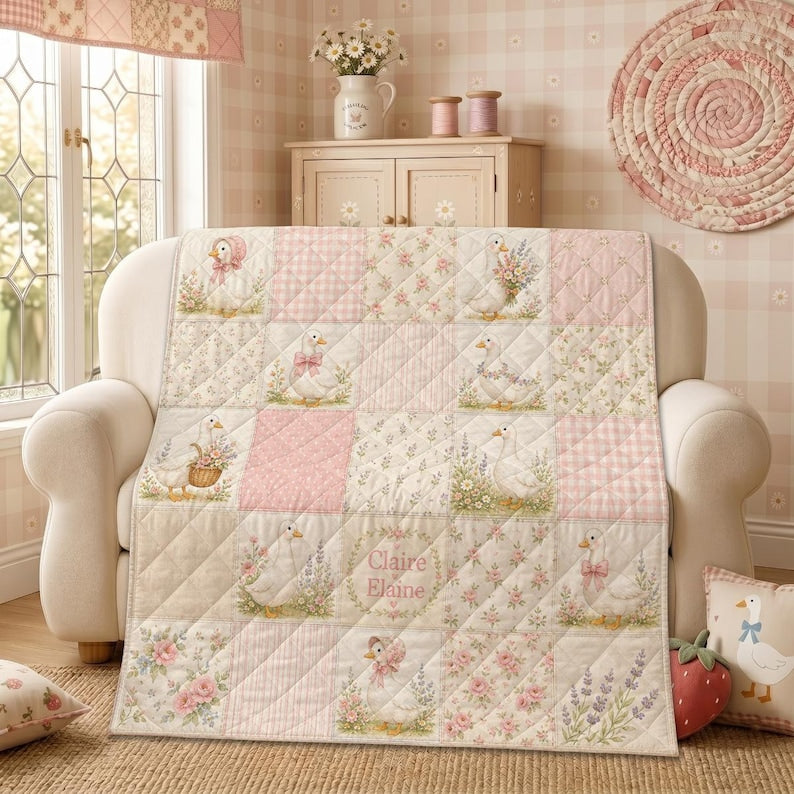 Personalized Goose Baby Quilt, Custom Floral Patchwork Nursery Blanket