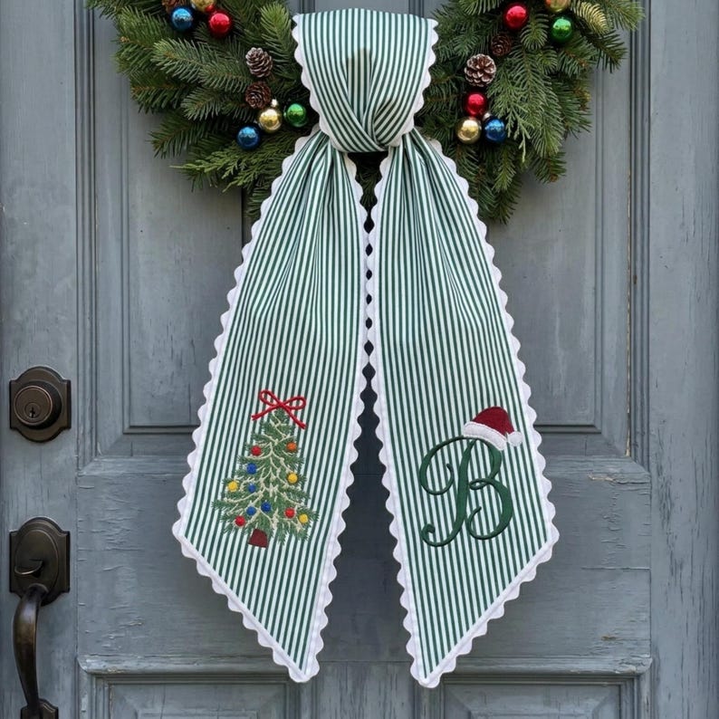 Custom Embroidered Christmas Wreath Sash, Personalized Santa Hat Monogram Bow, Stripe Ric Rac Holiday Decor
