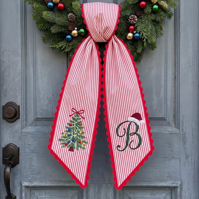 Custom Embroidered Christmas Wreath Sash, Personalized Santa Hat Monogram Bow, Stripe Ric Rac Holiday Decor