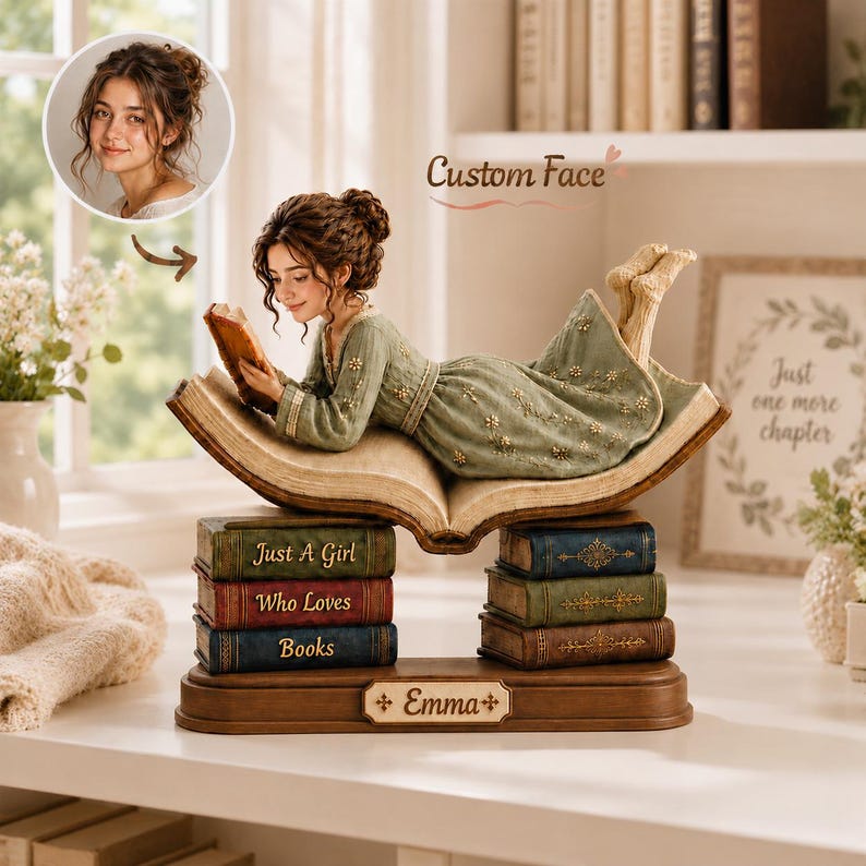 Custom Face Book Lover Wood Sign, Personalized Just A Girl Who Loves Books Tabletop Decor, Reading Girl Name Sign