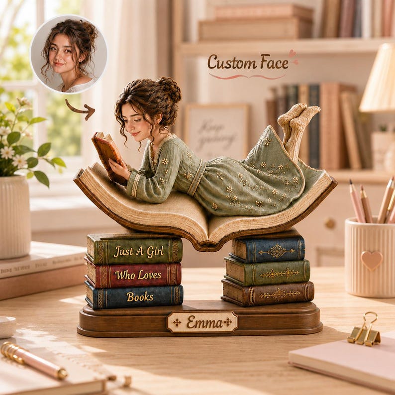 Custom Face Book Lover Wood Sign, Personalized Just A Girl Who Loves Books Tabletop Decor, Reading Girl Name Sign
