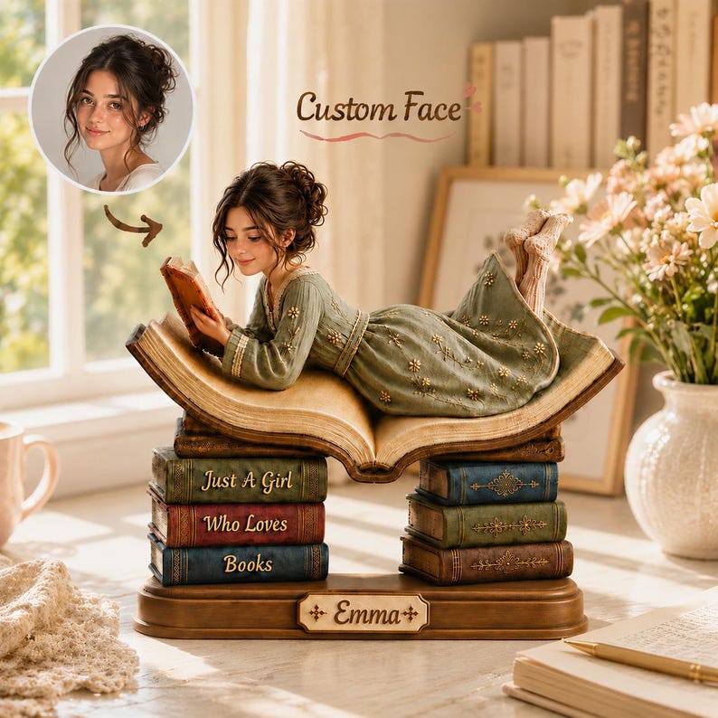 Custom Face Book Lover Wood Sign, Personalized Just A Girl Who Loves Books Tabletop Decor, Reading Girl Name Sign
