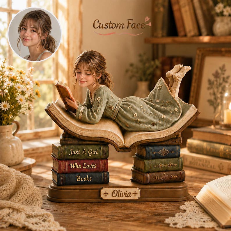 Custom Face Book Lover Wood Sign, Personalized Just A Girl Who Loves Books Tabletop Decor, Reading Girl Name Sign