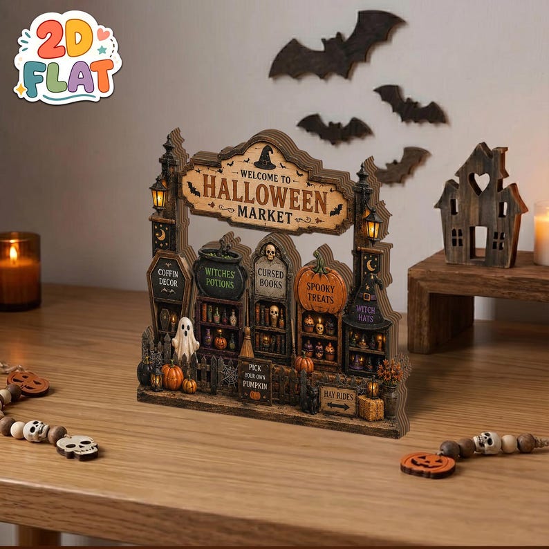 Halloween Market Shelf Sitter, Spooky Village Decor, 2D Flat Wooden Halloween Block, Tiered Tray Decor