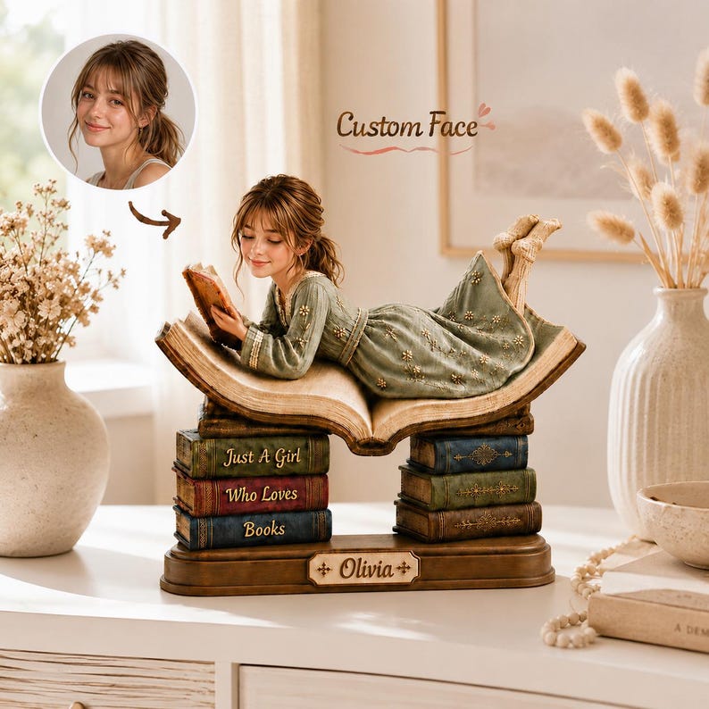 Custom Face Book Lover Wood Sign, Personalized Just A Girl Who Loves Books Tabletop Decor, Reading Girl Name Sign