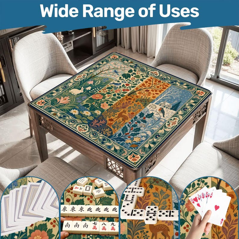William Morris Inspired Seasons Mahjong Mat, Non-Slip Noise Reducing Table Cover, Botanical Floral Game Table Mat